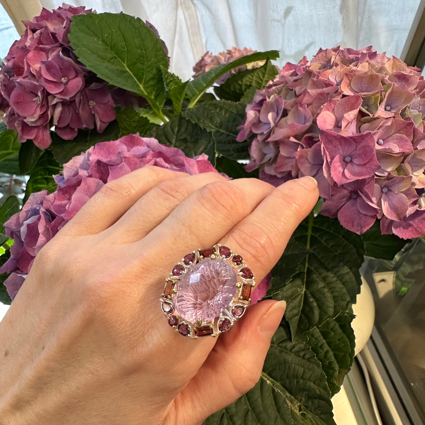 Amethyst ring with garnets, 925 sterling silver, size 17.5, 13g