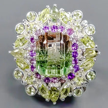 Lejupielādēt attēlu galerijas skatītājā, Turmalīna gredzens, 10 karāti, 13*10mm, ametists, hrizolīts, 12.1g, 18. izmērs: 925 sudrabs