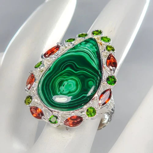 Malachite ring, 27x18mm, garnet, chrome diopside, 13.3g, size 17; 925 sterling silver
