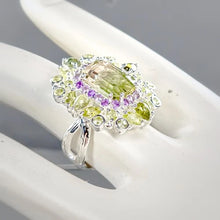 Lejupielādēt attēlu galerijas skatītājā, Turmalīna gredzens, 10 karāti, 13*10mm, ametists, hrizolīts, 12.1g, 18. izmērs: 925 sudrabs