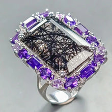 Lejupielādēt attēlu galerijas skatītājā, Kvarca gredzens ar melnu turmalīnu 27 karāti, 22x13 mm, 12,7 g, ametisti, 18. izmērs; 925. proves sudrabs