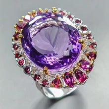 Load image into Gallery viewer, Amethyst ring, 35 carats, 22x18 mm, 16 g; almandine garnets, size 19; 925 silver.