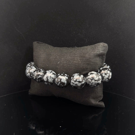 Obsidian Snowflake Bead Bracelet, 12mm, 15 Beads