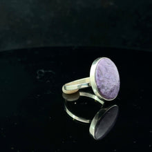 Load image into Gallery viewer, Charoite ring, size 20, 45 g, stone 15 x 20 mm; 925 sterling silver
