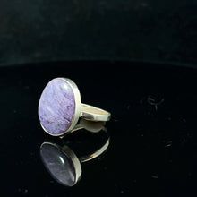 Load image into Gallery viewer, Charoite ring, size 20, 45 g, stone 15 x 20 mm; 925 sterling silver
