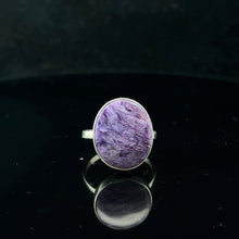 Load image into Gallery viewer, Charoite ring, size 20, 45 g, stone 15 x 20 mm; 925 sterling silver
