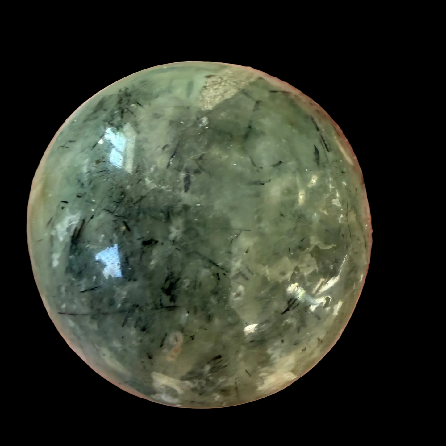 Prehnite with Epidote Sphere 6 cm. Greenish crystal sphere on a black background