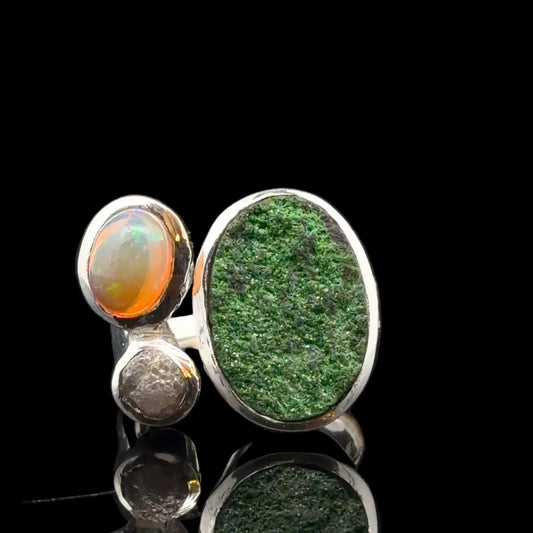 Uvarovite Diamond Opal Ring Size 18 Sterling Silver 925