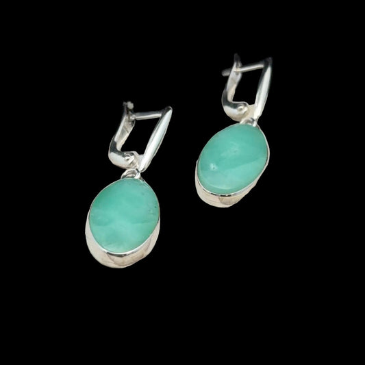 Chrysoprase earrings, 4 cm, stone 1 x 2 cm, 925 silver