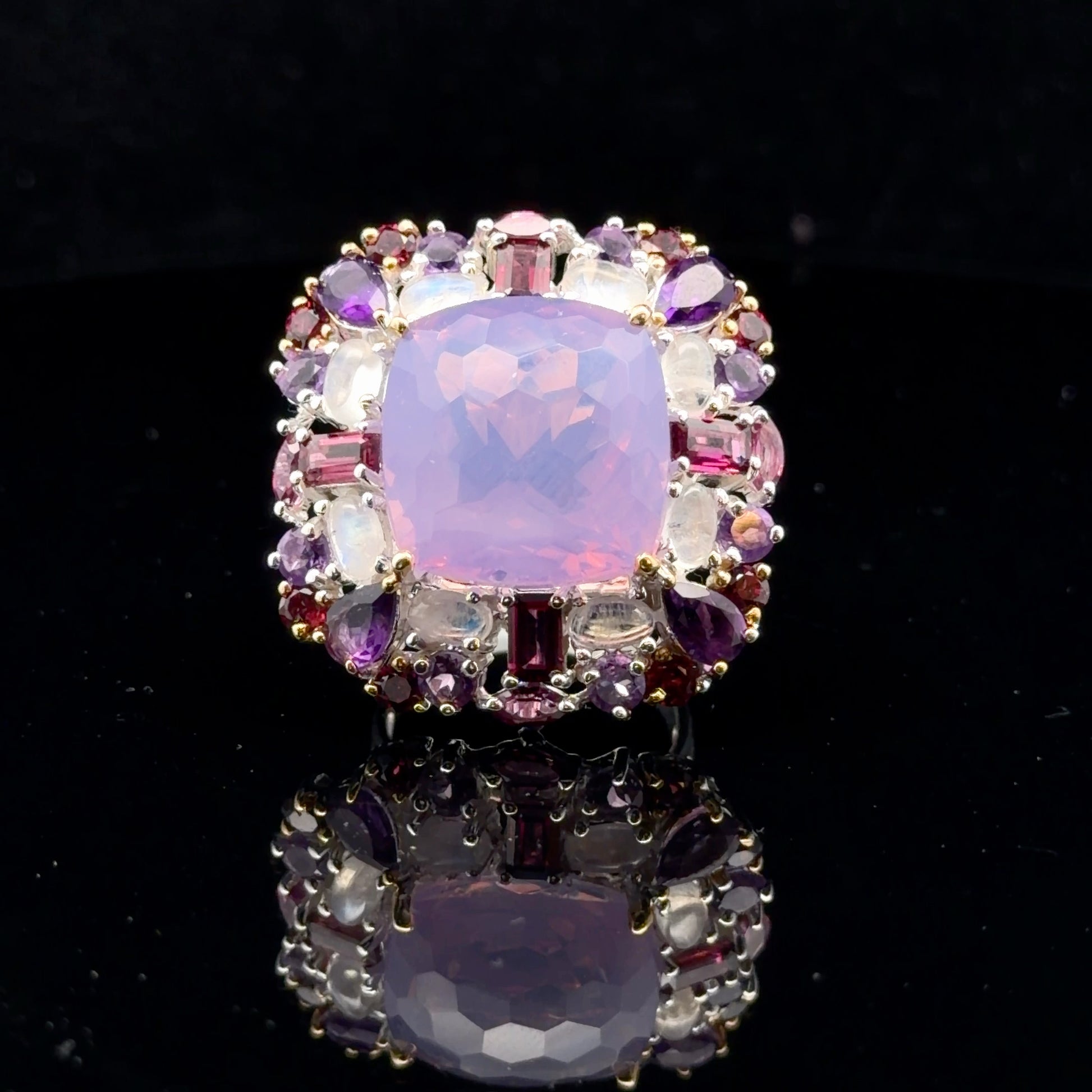 Lavender Quartz, Moonstone, Garnet & Amethyst Ring Size 18 Silver 925