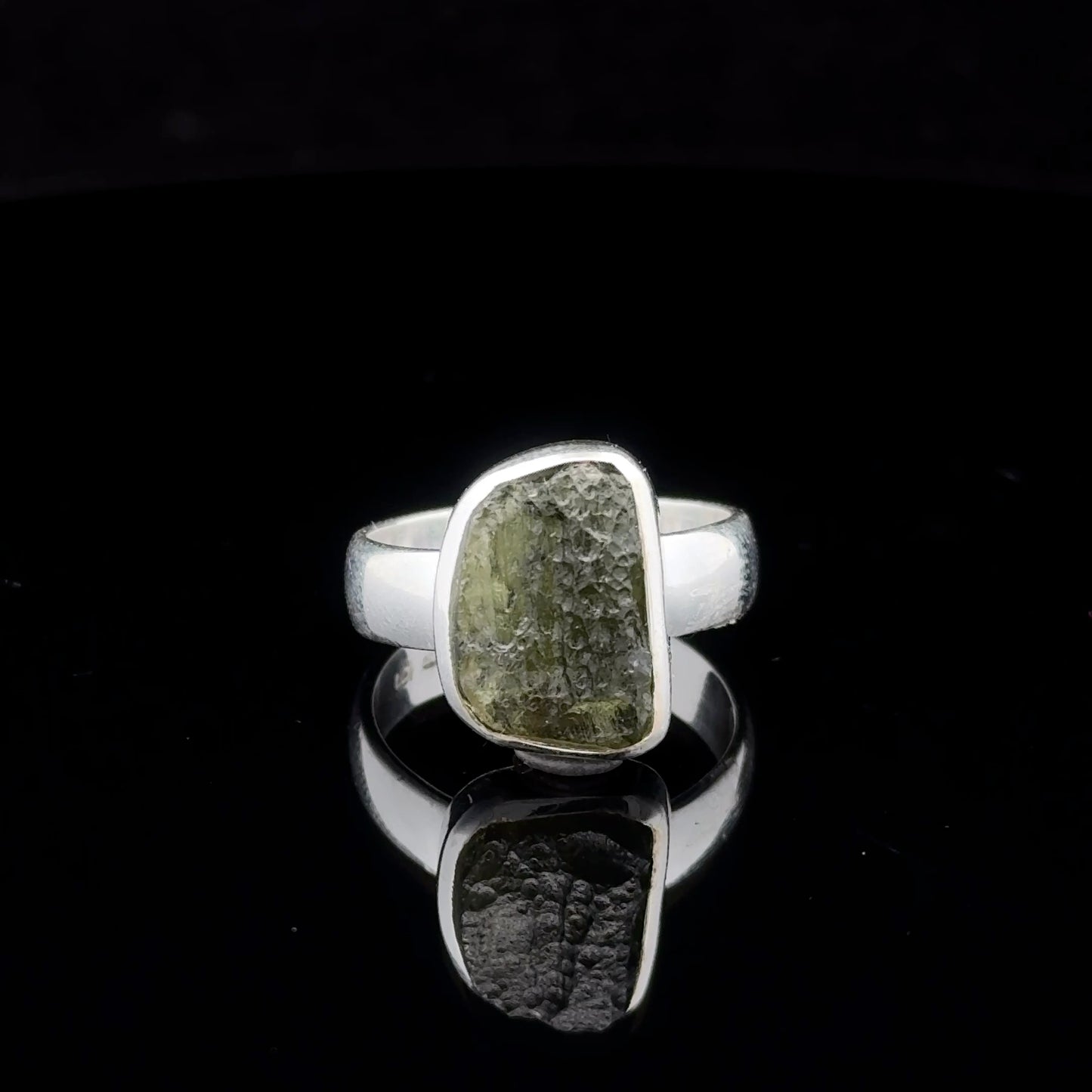 Moldavite ring, size 17.5; 6 g stone, 9 x 13 mm; 925 sterling silver