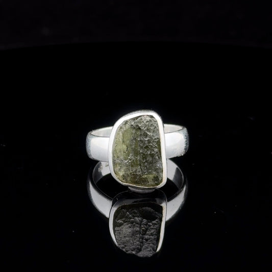 Moldavite ring, size 17.5; 6 g stone, 9 x 13 mm; 925 sterling silver