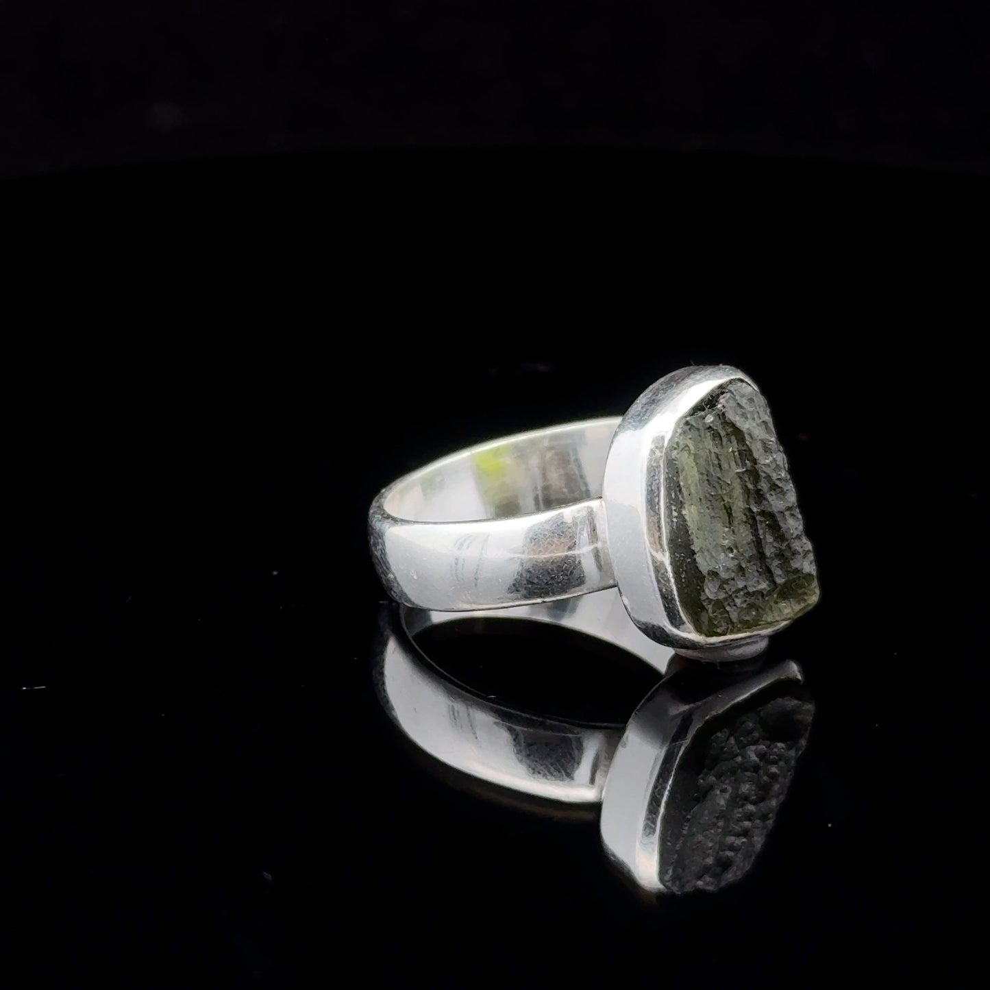 Moldavite ring, size 17.5; 6 g stone, 9 x 13 mm; 925 sterling silver