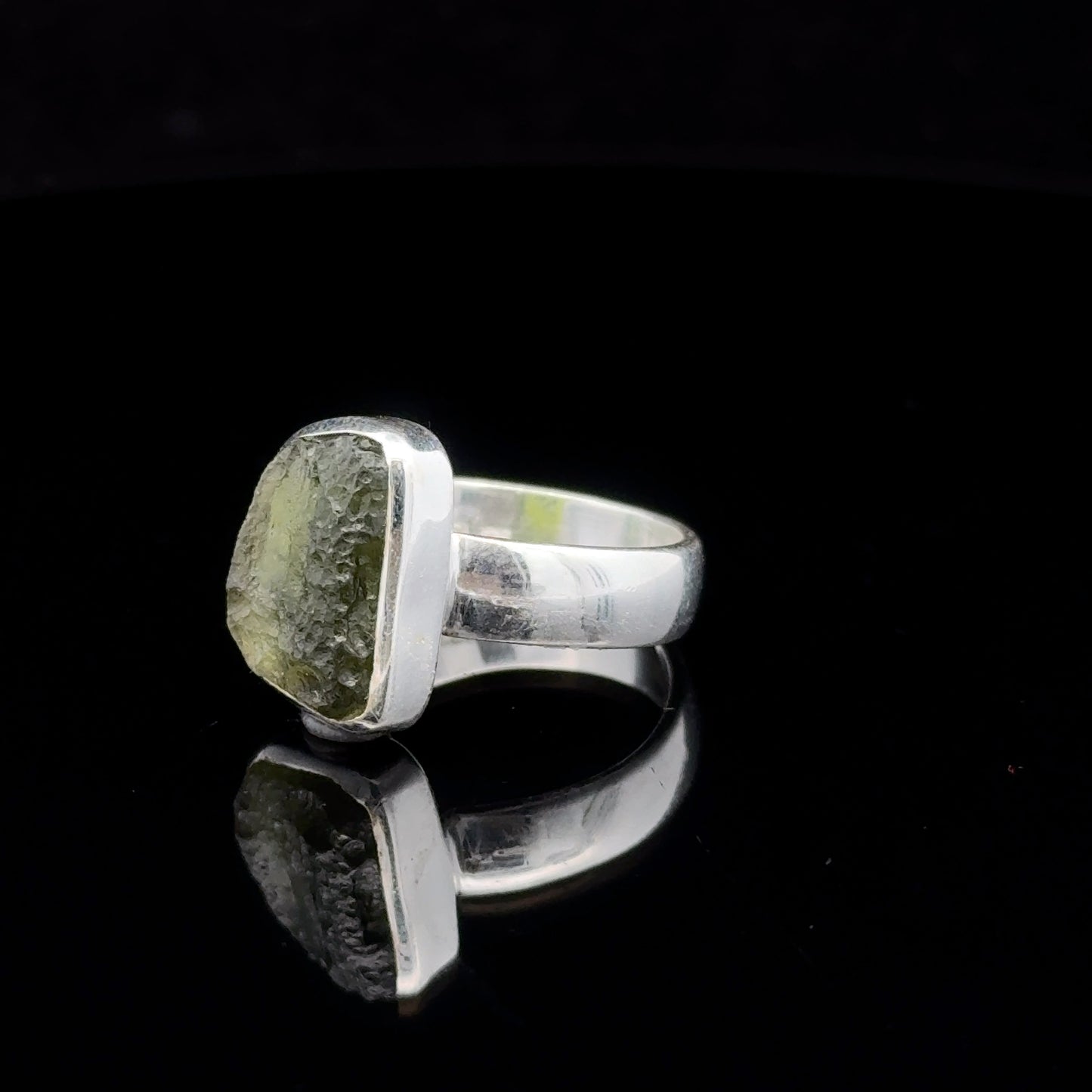 Moldavite ring, size 17.5; 6 g stone, 9 x 13 mm; 925 sterling silver