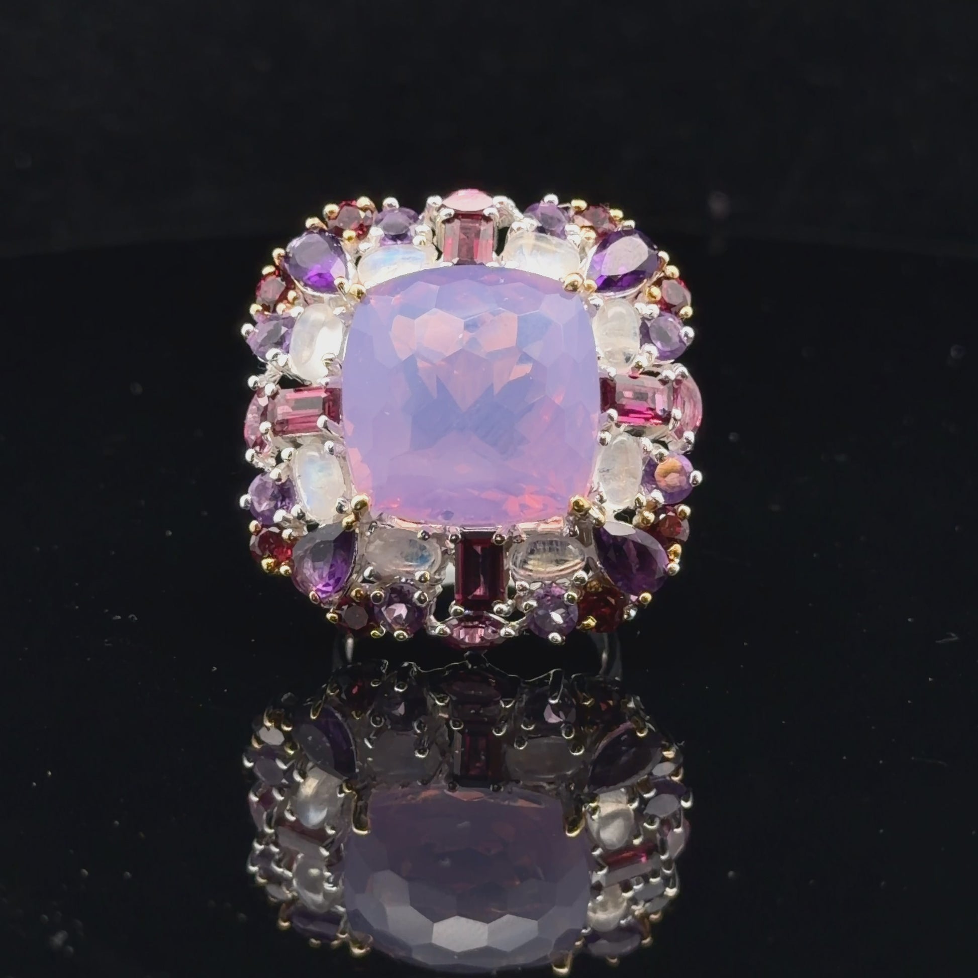 Lavender Quartz, Moonstone, Garnet & Amethyst Ring Size 18 Silver 925