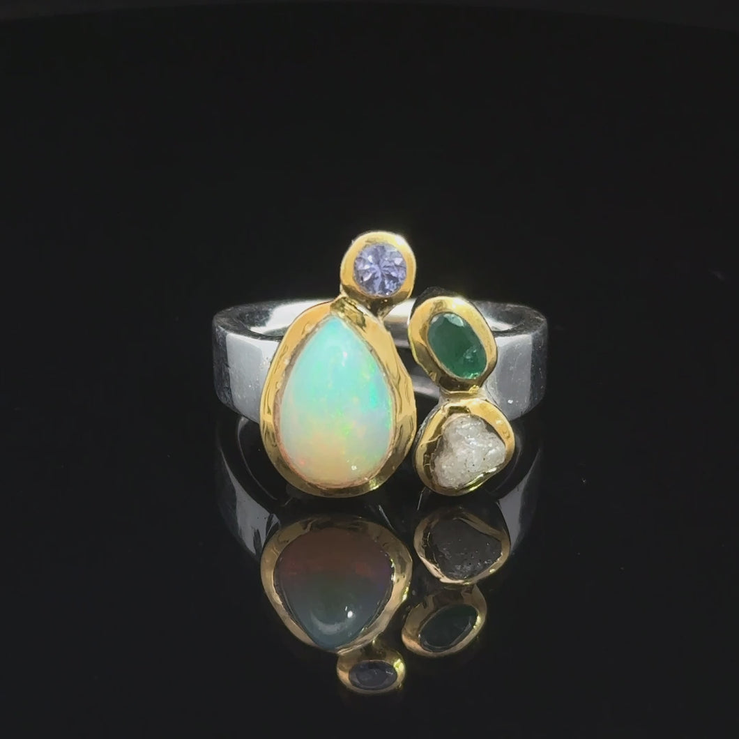 Кольцо Опал благородный эфиопия, изумрад, алмаз, танзанит 18 размер; серебро 925
