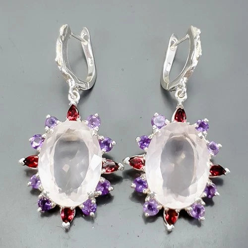 Серьги Кварц розовый аметист гранат 53*25*15мм 17.5гр: серебро 925