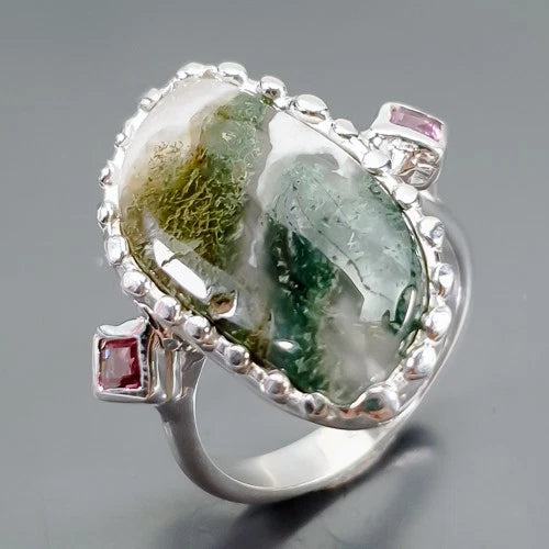 Ring: Moss Agate with Garnets, size 17.5; 925 Sterling Silver