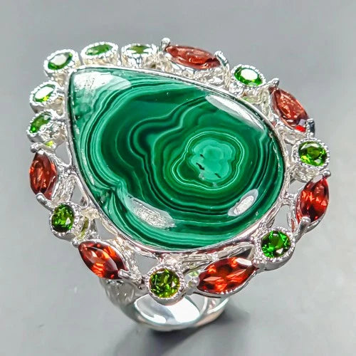 Malachite ring, 27x18mm, garnet, chrome diopside, 13.3g, size 17; 925 sterling silver