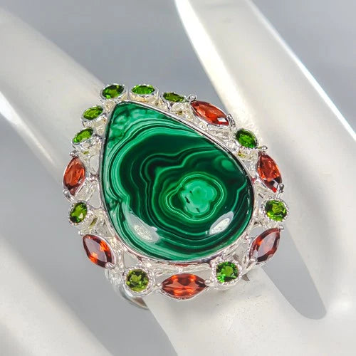 Malachite ring, 27x18mm, garnet, chrome diopside, 13.3g, size 17; 925 sterling silver