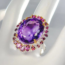 Загрузить изображение в средство просмотра галереи, Кольцо Аметист 35 карат  22x18 мм 16 гр ; гранаты альмандин    19 размер ;серебро 925
