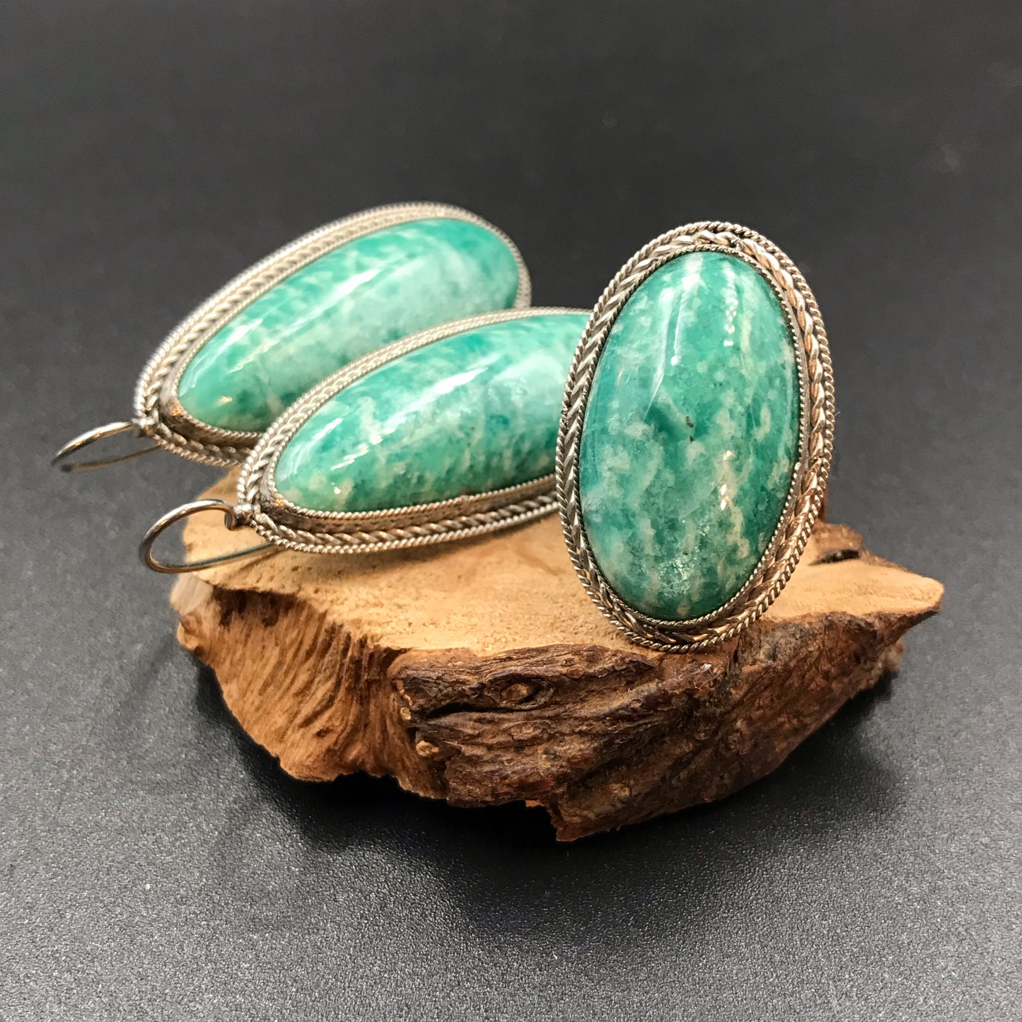 Amazonite Ring and Earrings Set Silver 925 Size 17