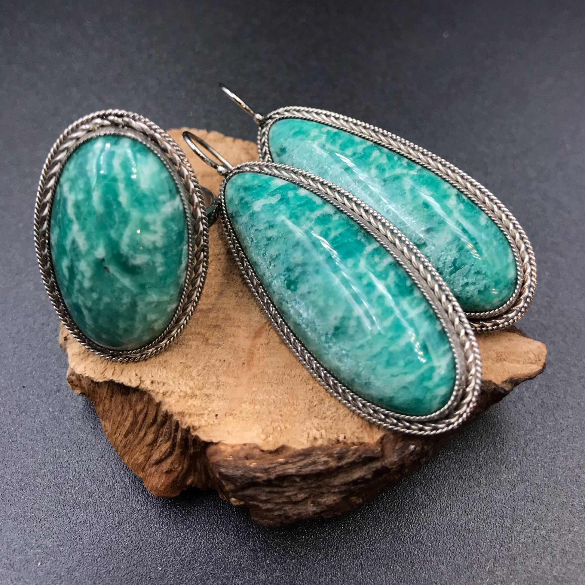 Amazonite Ring and Earrings Set Silver 925 Size 17