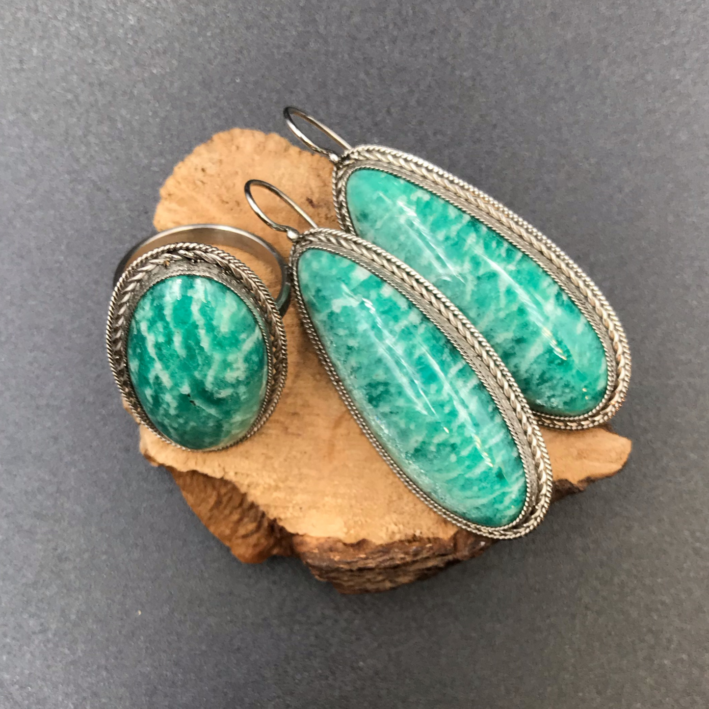 Amazonite Ring and Earrings Set Silver 925 Size 17